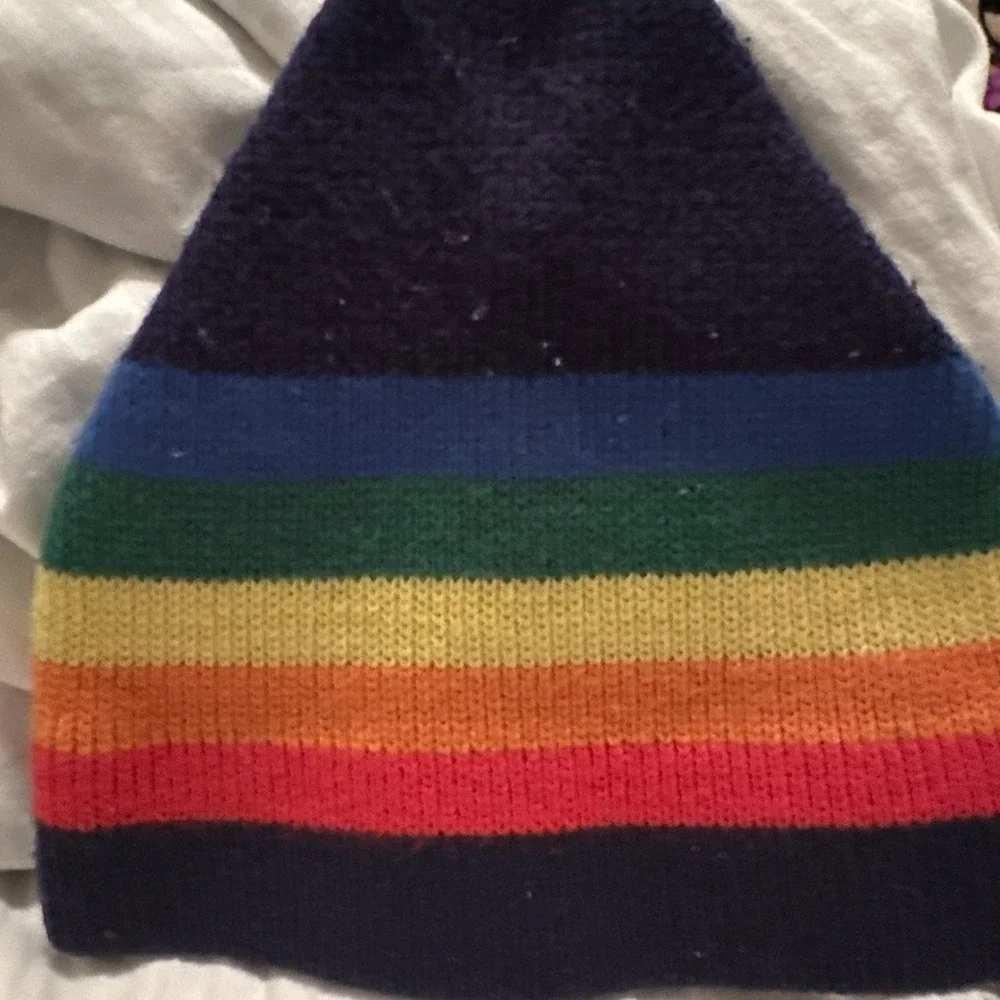 Vintage 80s Rainbow Striped Knit Beanie Ski Toque Wool Cap Hippie Pride Pom Hat